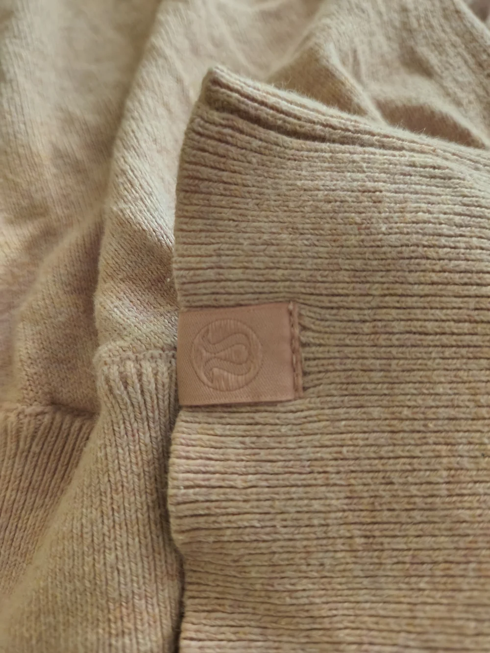 Lululemon Neutral Pink Ribbed Sweater with Embossed Logo Tag